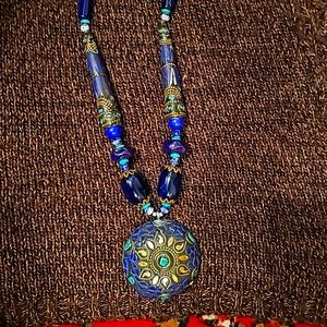 Blue large pendant beaded vintage necklace
